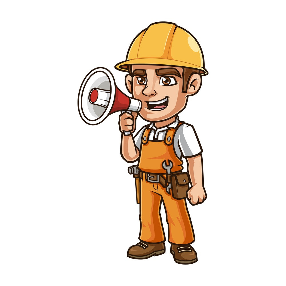 Construction worker making announcement with loudspeaker. PNG - JPG and vector EPS.