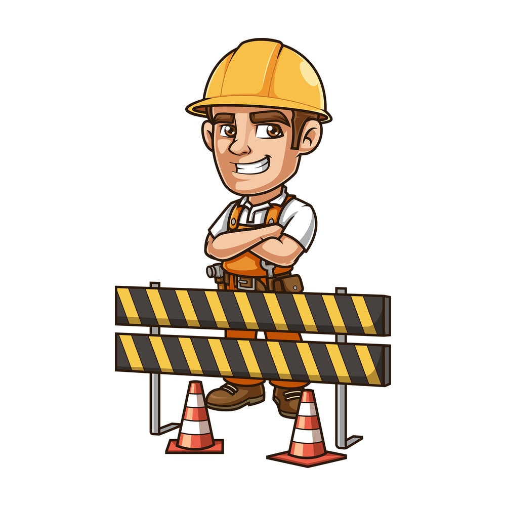 Engineer behind construction site roadblock. PNG - JPG and vector EPS (infinitely scalable).