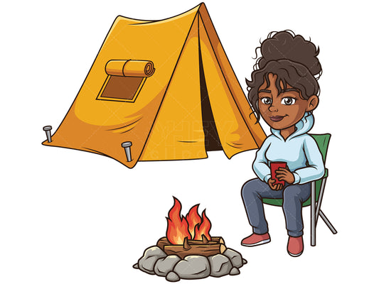 Royalty-free stock vector illustration of a black woman camping.