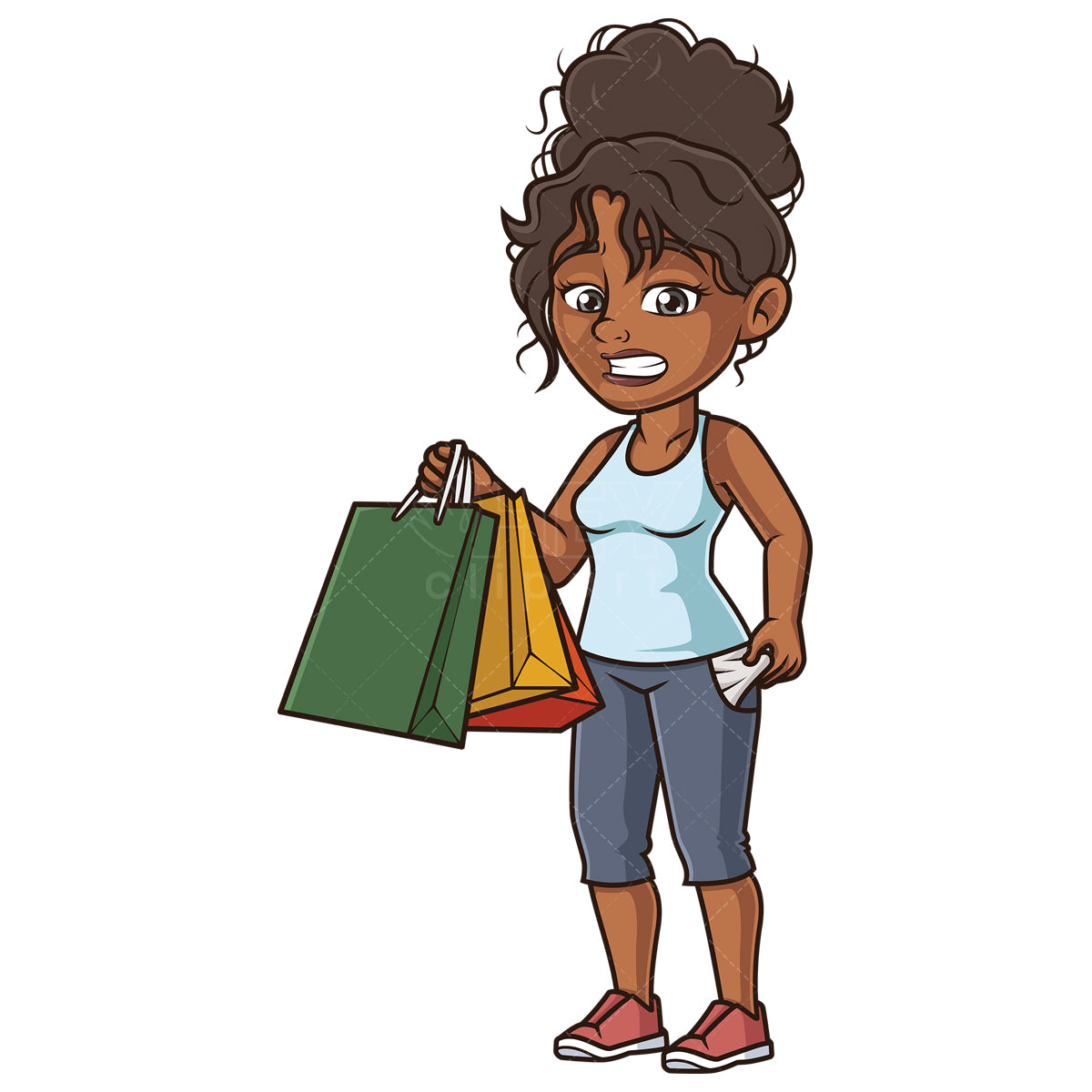 Royalty-free stock vector illustration of a black woman holding shopping bags.