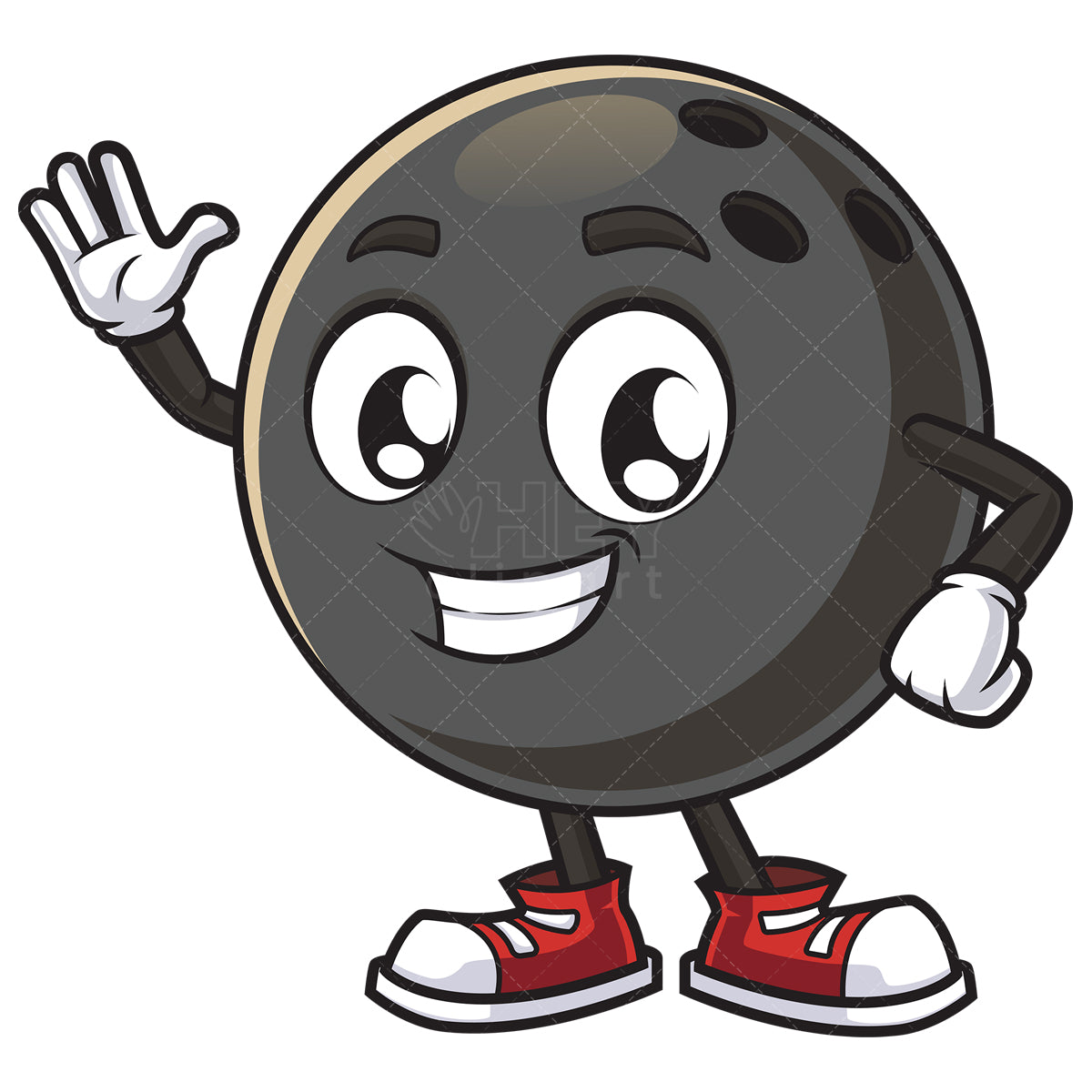 Royalty-free stock vector illustration of a bowling ball mascot waving.