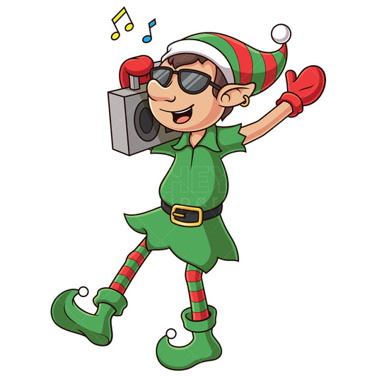 Royalty-free stock vector illustration of a christmas elf holding boombox.