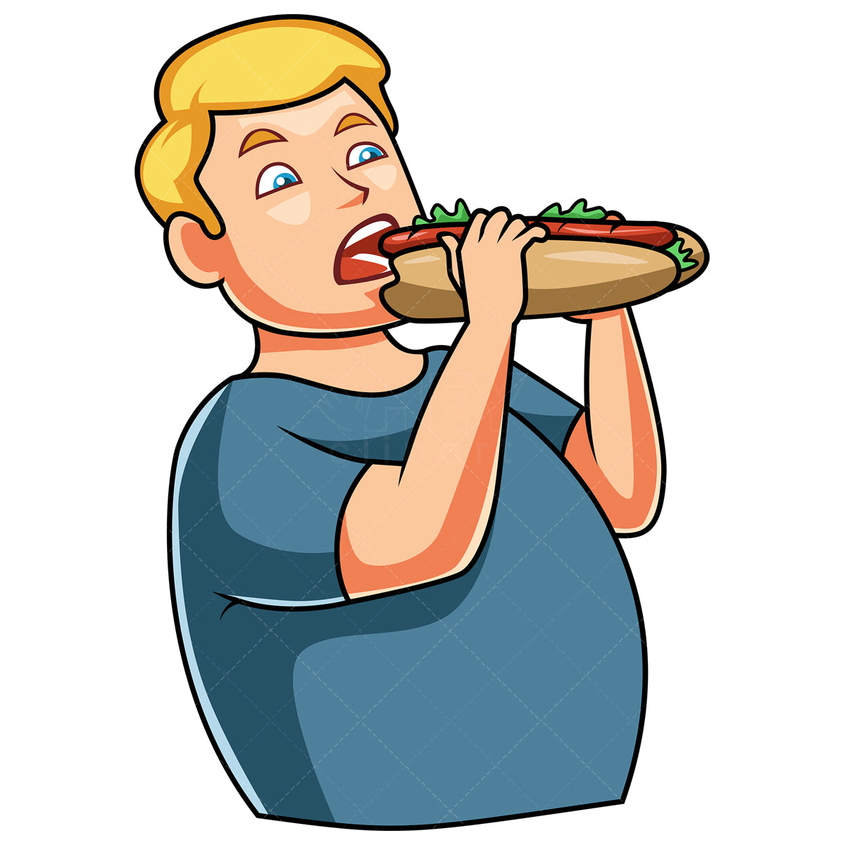 Royalty-free stock vector illustration of a chubby man eating sandwich.