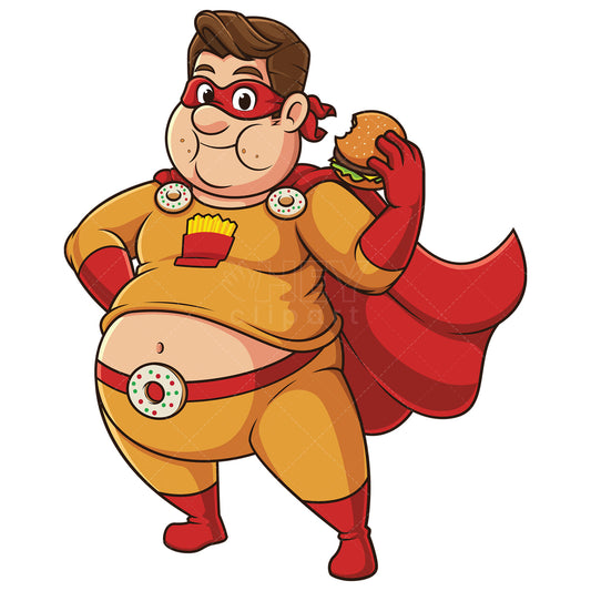 Royalty-free stock vector illustration of a chubby superhero eating hamburger.