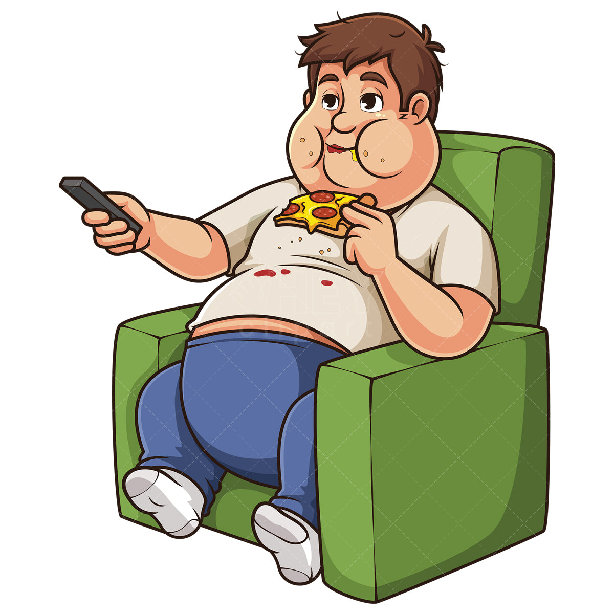 Royalty-free stock vector illustration of a couch potato man eating pizza while watching tv.