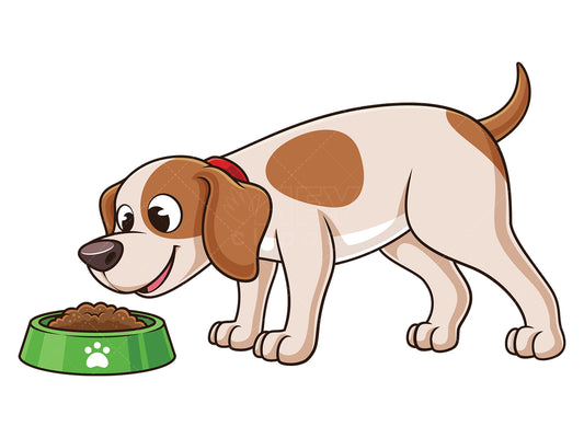 Royalty-free stock vector illustration of a cute little dog eating from bowl.