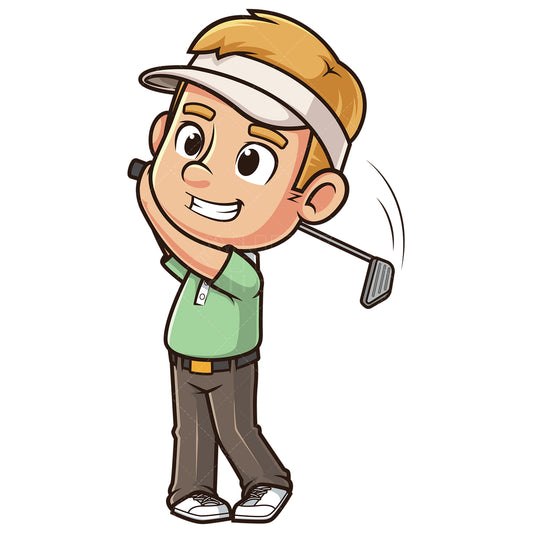 Royalty-free stock vector illustration of a excited male golfer taking a swing.