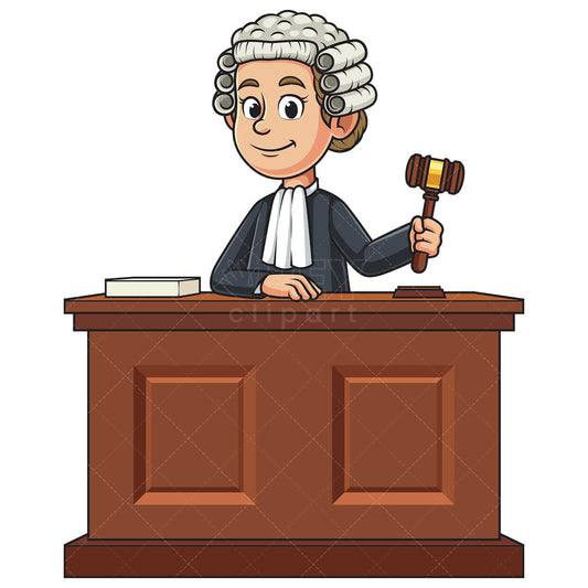 Royalty-free stock vector illustration of a female judge behind courtroom desk.