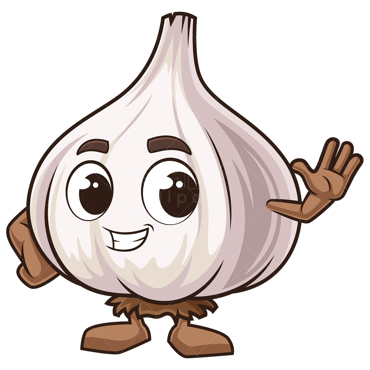 Royalty-free stock vector illustration of a garlic mascot waving.