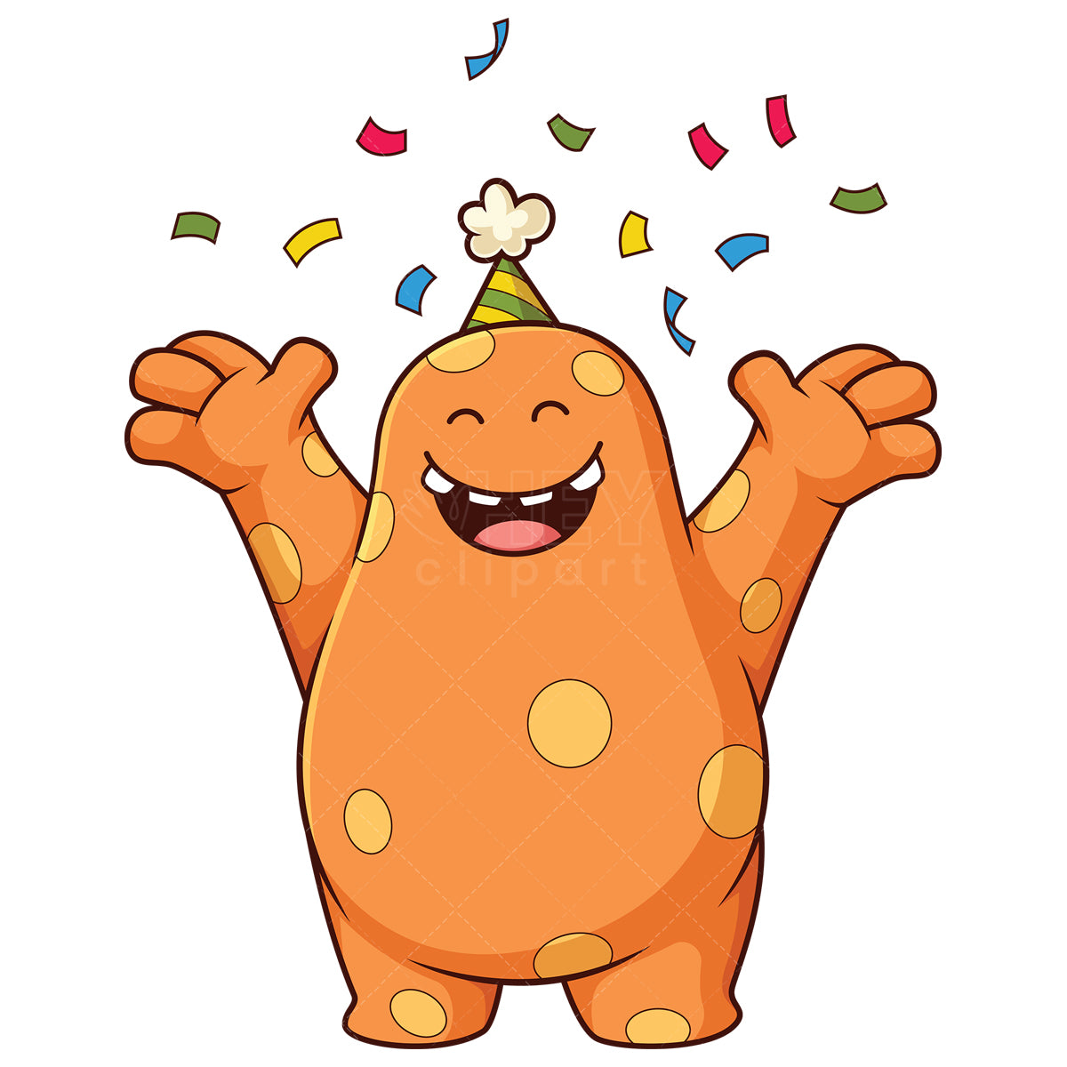 Royalty-free stock vector illustration of a happy orange monster having birthday party.