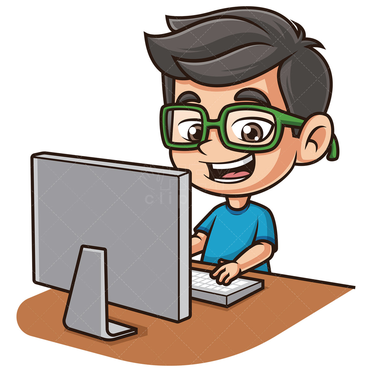 Royalty-free stock vector illustration of a kid working on computer.