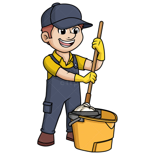 Royalty-free stock vector illustration of a male janitor with mop bucket.