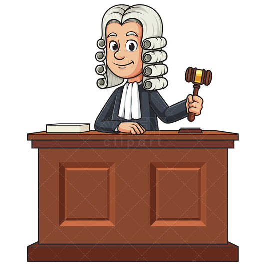 Royalty-free stock vector illustration of a male judge behind courtroom desk.