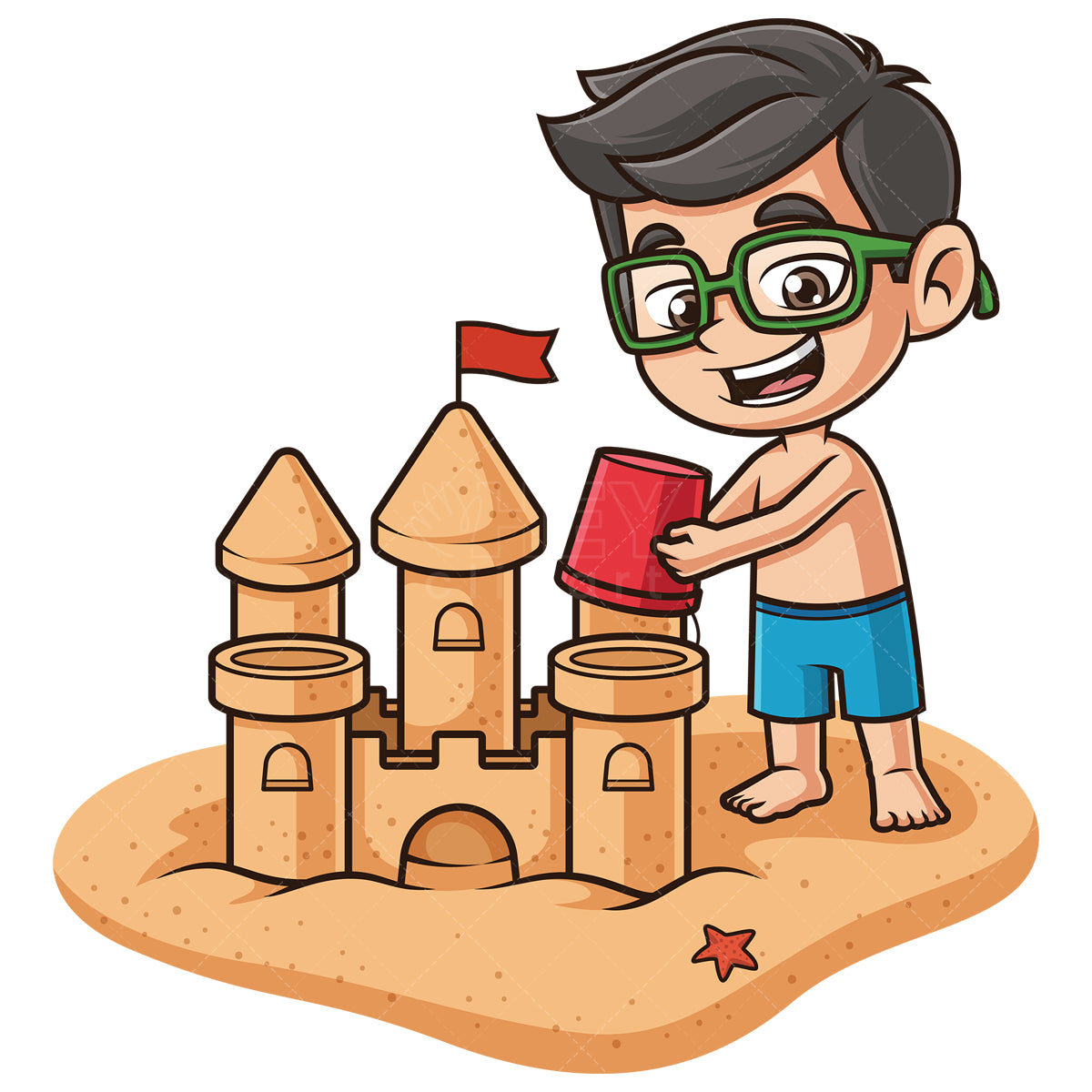 Royalty-free stock vector illustration of a nerdy kid building sandcastle.