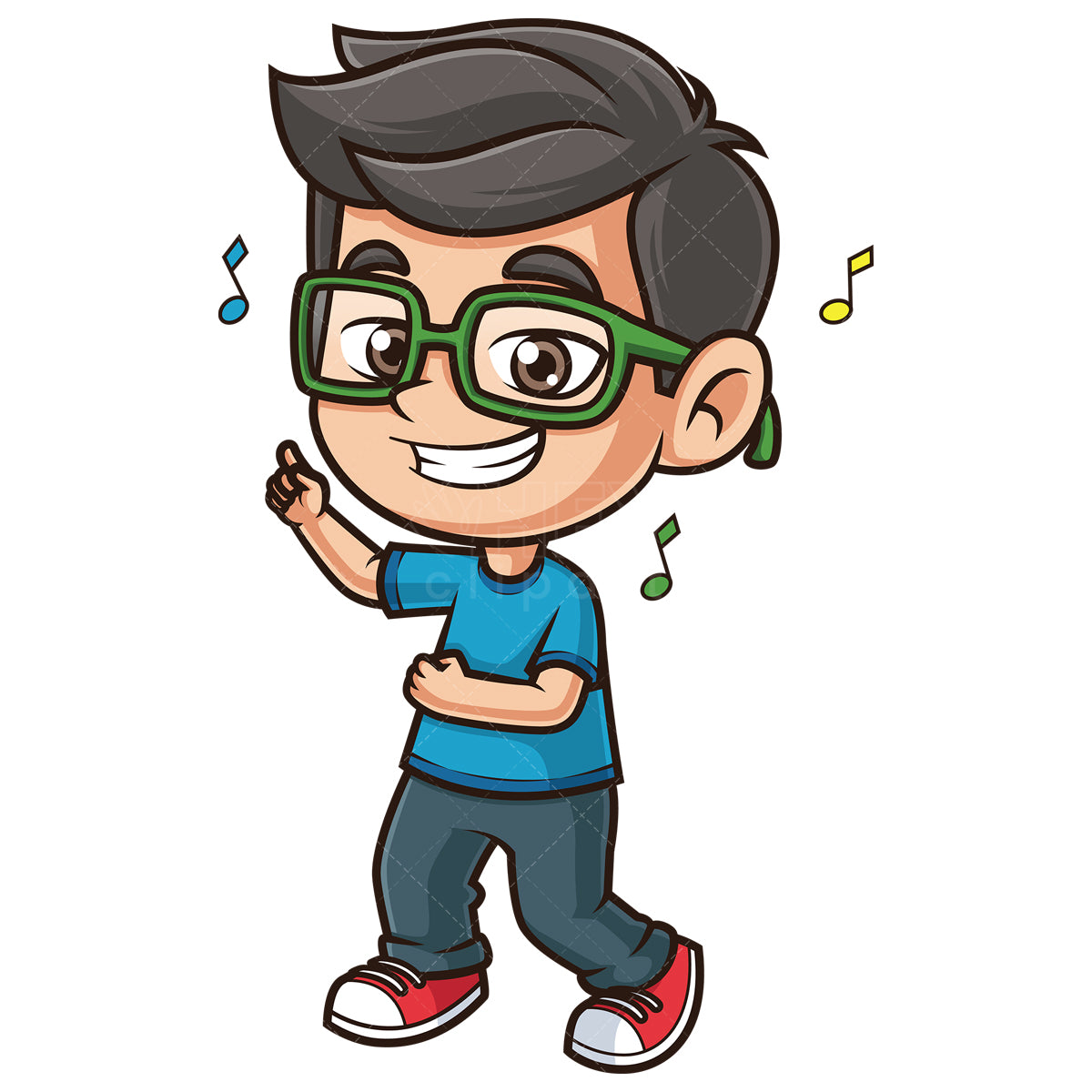 Royalty-free stock vector illustration of a nerdy kid dancing.