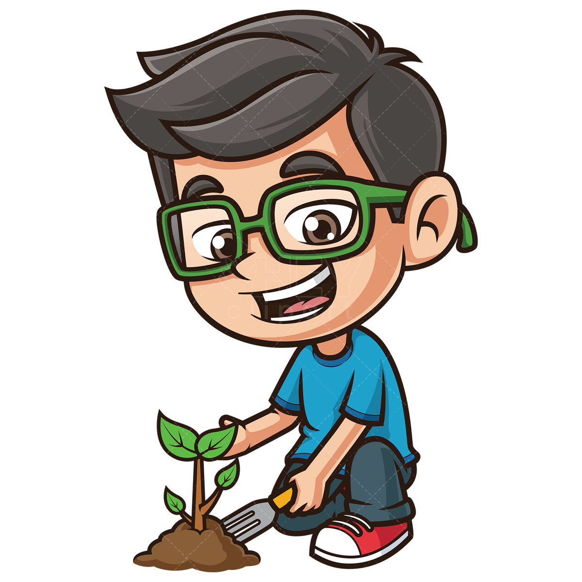 Royalty-free stock vector illustration of a nerdy kid planting tree.