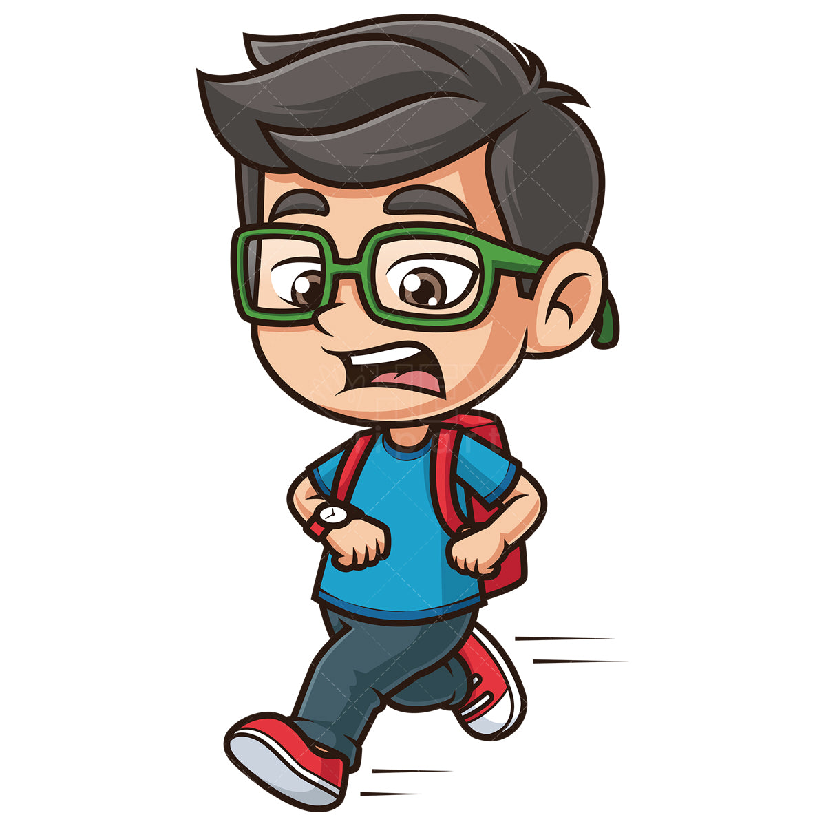 Royalty-free stock vector illustration of a nerdy kid running late.