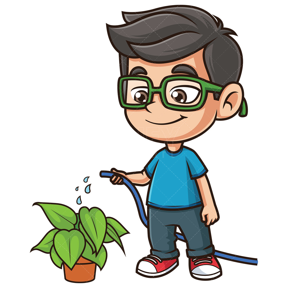 Royalty-free stock vector illustration of a nerdy kid watering plant.