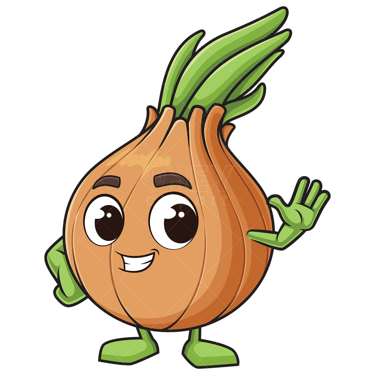 Royalty-free stock vector illustration of a onion mascot waving.