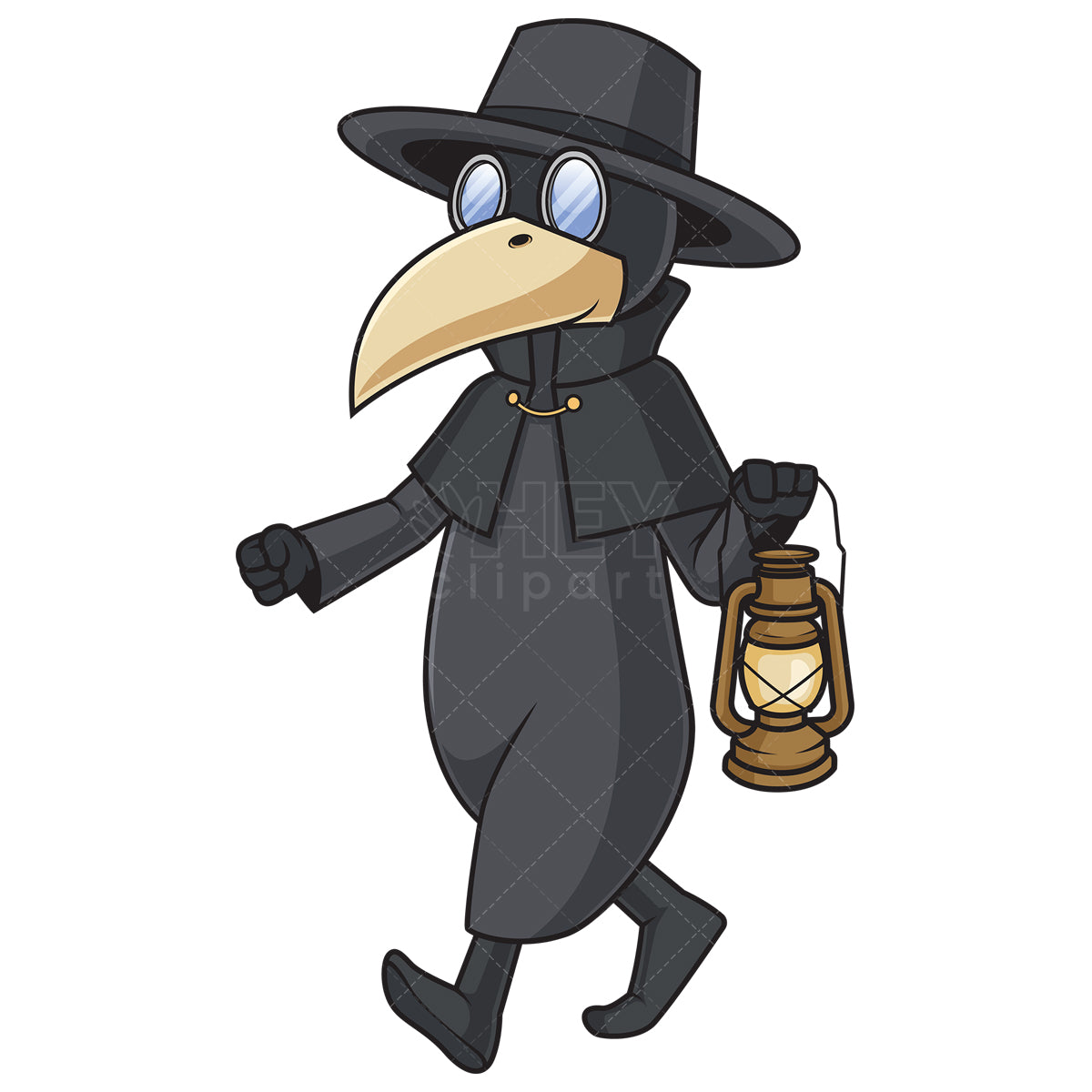 Royalty-free stock vector illustration of a plague doctor walks with lantern.