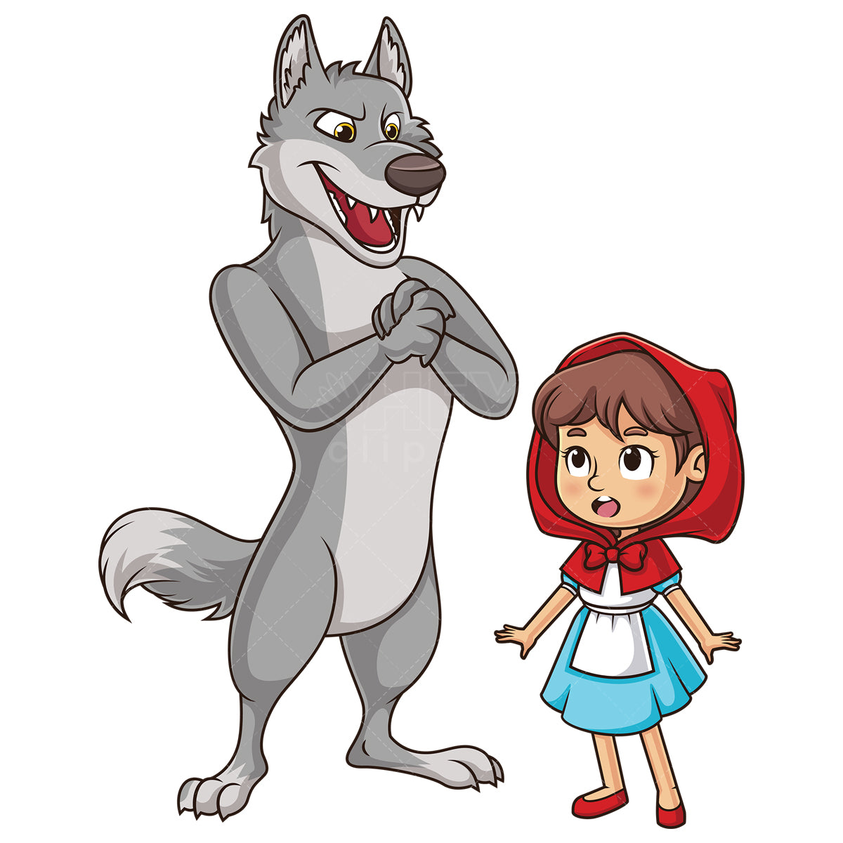 Royalty-free stock vector illustration of a scared little red riding with bad wolf.