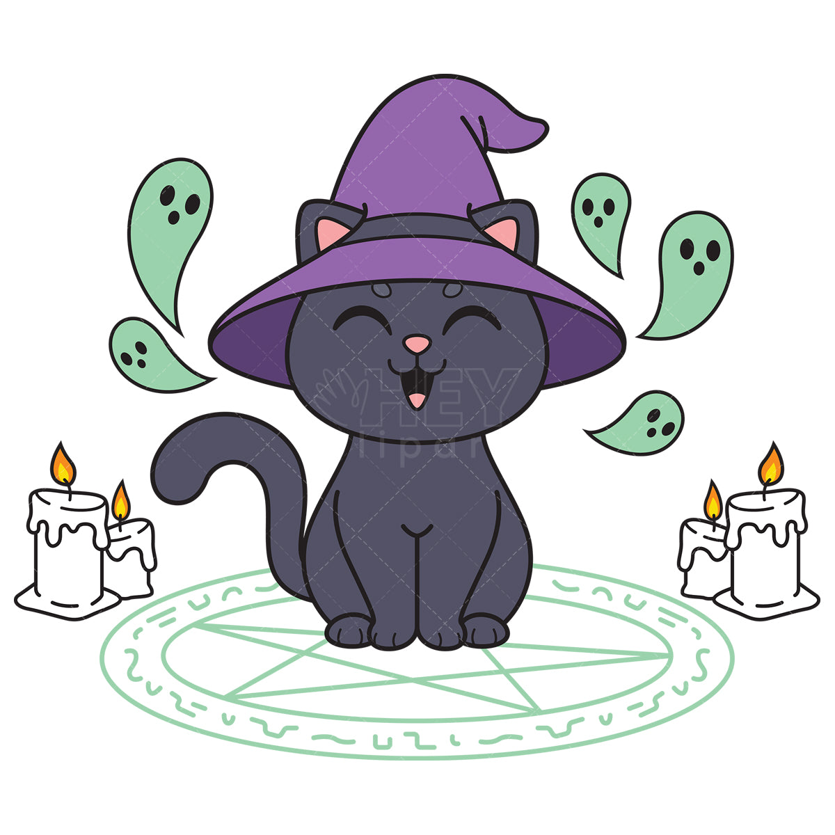 Royalty-free vector illustration of a witch cat casting spell.