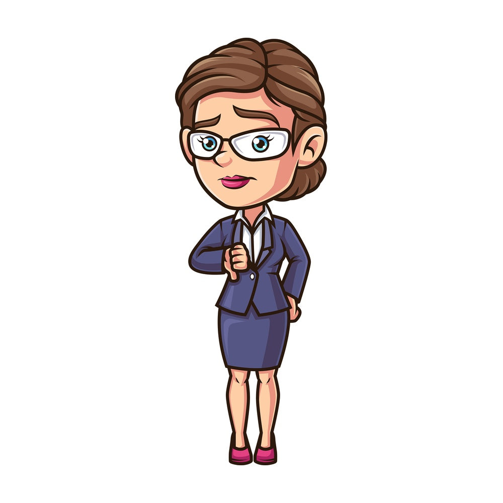 Sad female employee thumbs down. PNG - JPG and vector EPS (infinitely scalable).