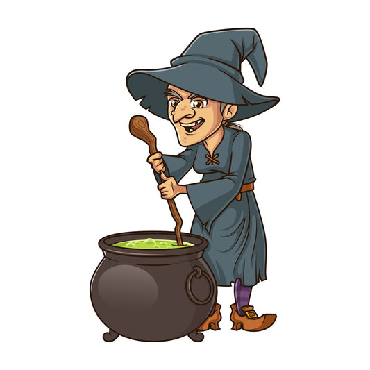 Old witch cooking in cauldron. PNG - JPG and vector EPS (infinitely scalable).