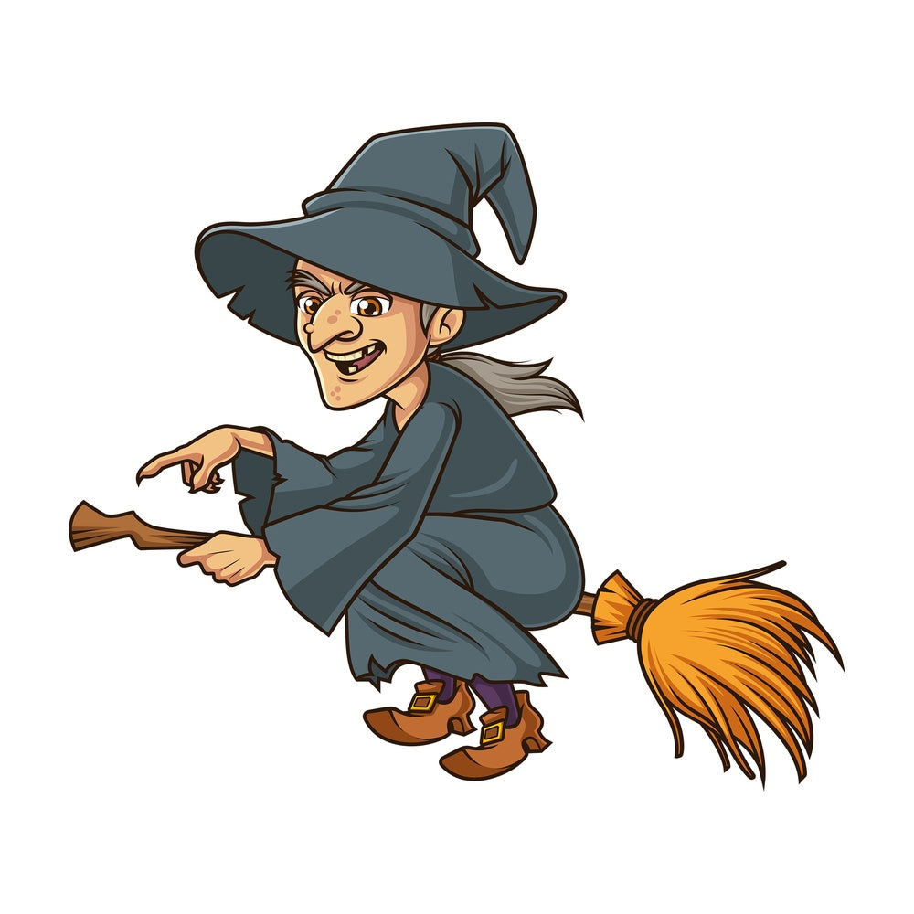 Witch pointing while on broomstick. PNG - JPG and vector EPS (infinitely scalable).