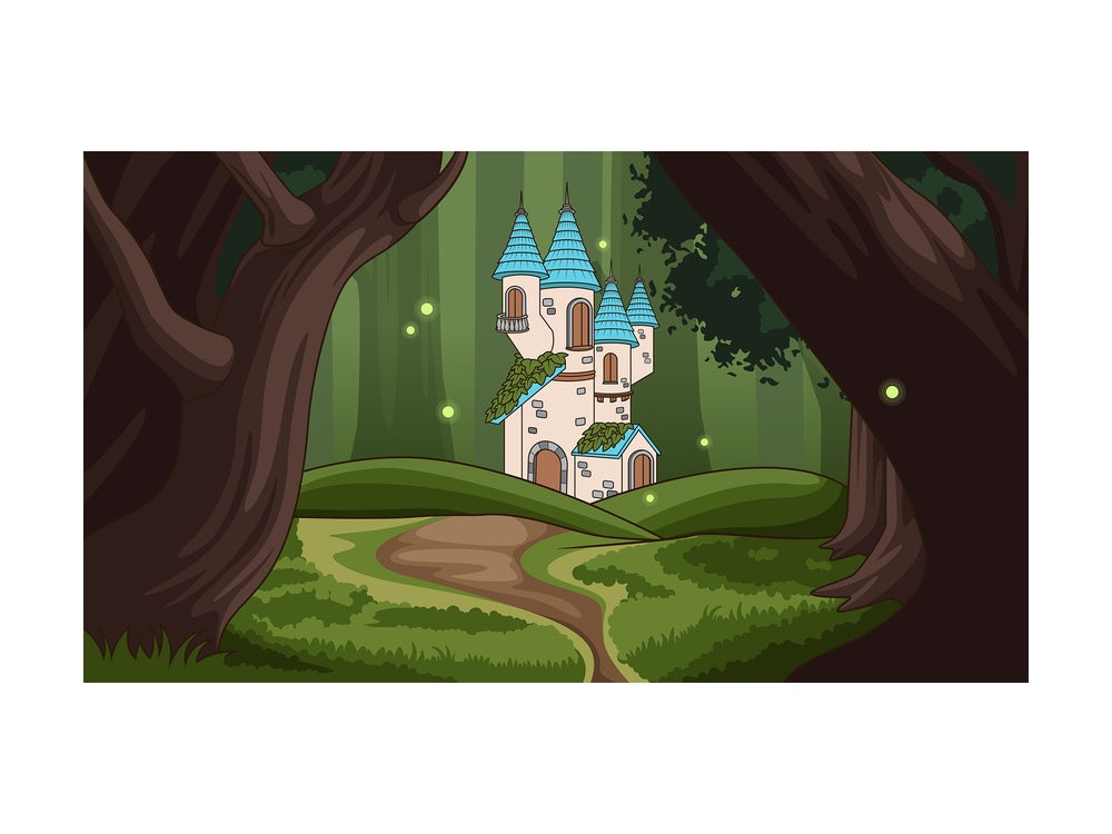 Magical fairy castle in the forest background in 16:9 aspect ratio. PNG - JPG and vector EPS file formats (infinitely scalable).