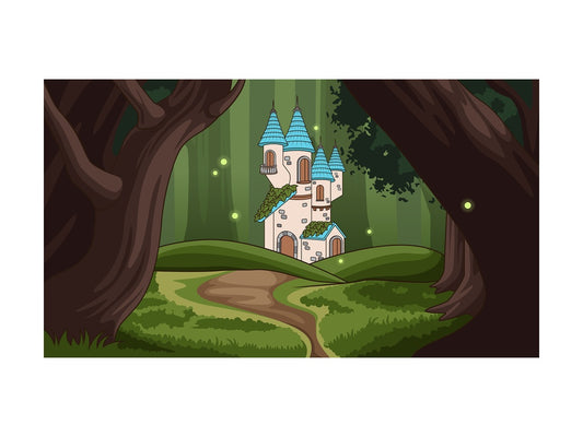 Magical fairy castle in the forest background in 16:9 aspect ratio. PNG - JPG and vector EPS file formats (infinitely scalable).