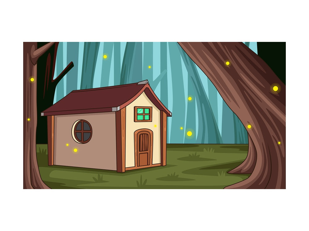 Lone house in mythical forest background in 16:9 aspect ratio. PNG - JPG and vector EPS file formats (infinitely scalable).