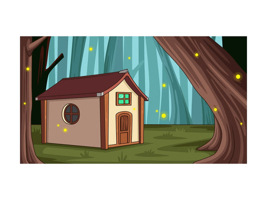 Lone house in mythical forest background in 16:9 aspect ratio. PNG - JPG and vector EPS file formats (infinitely scalable).