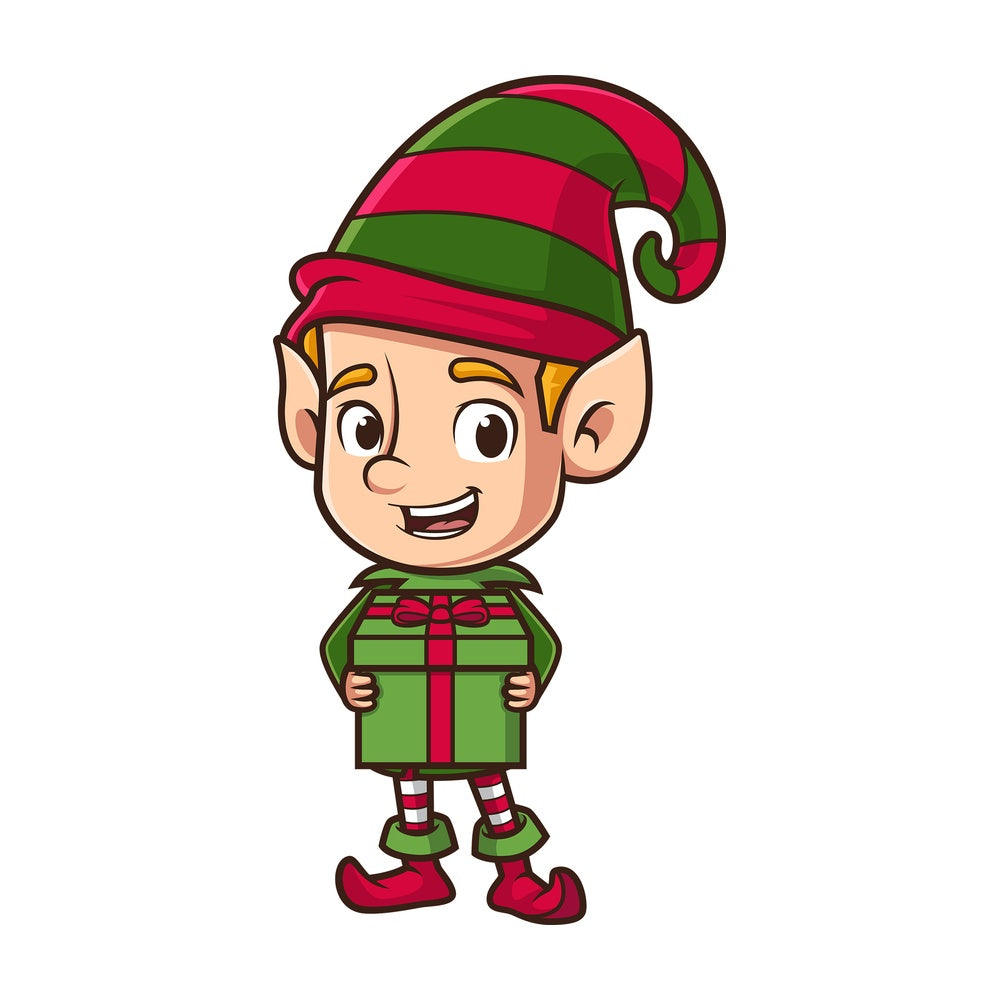 Santa's elf holding present. PNG - JPG and vector EPS (infinitely scalable).