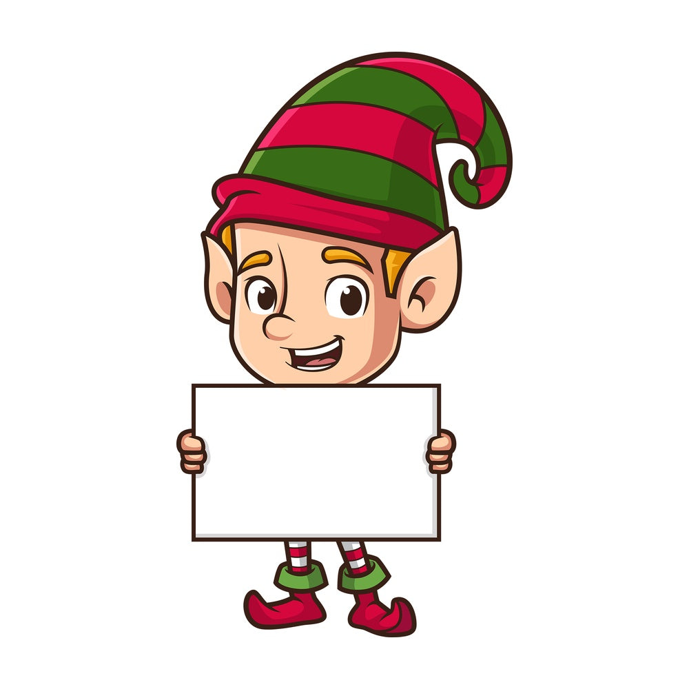 Christmas elf holding blank sign. PNG - JPG and vector EPS (infinitely scalable).