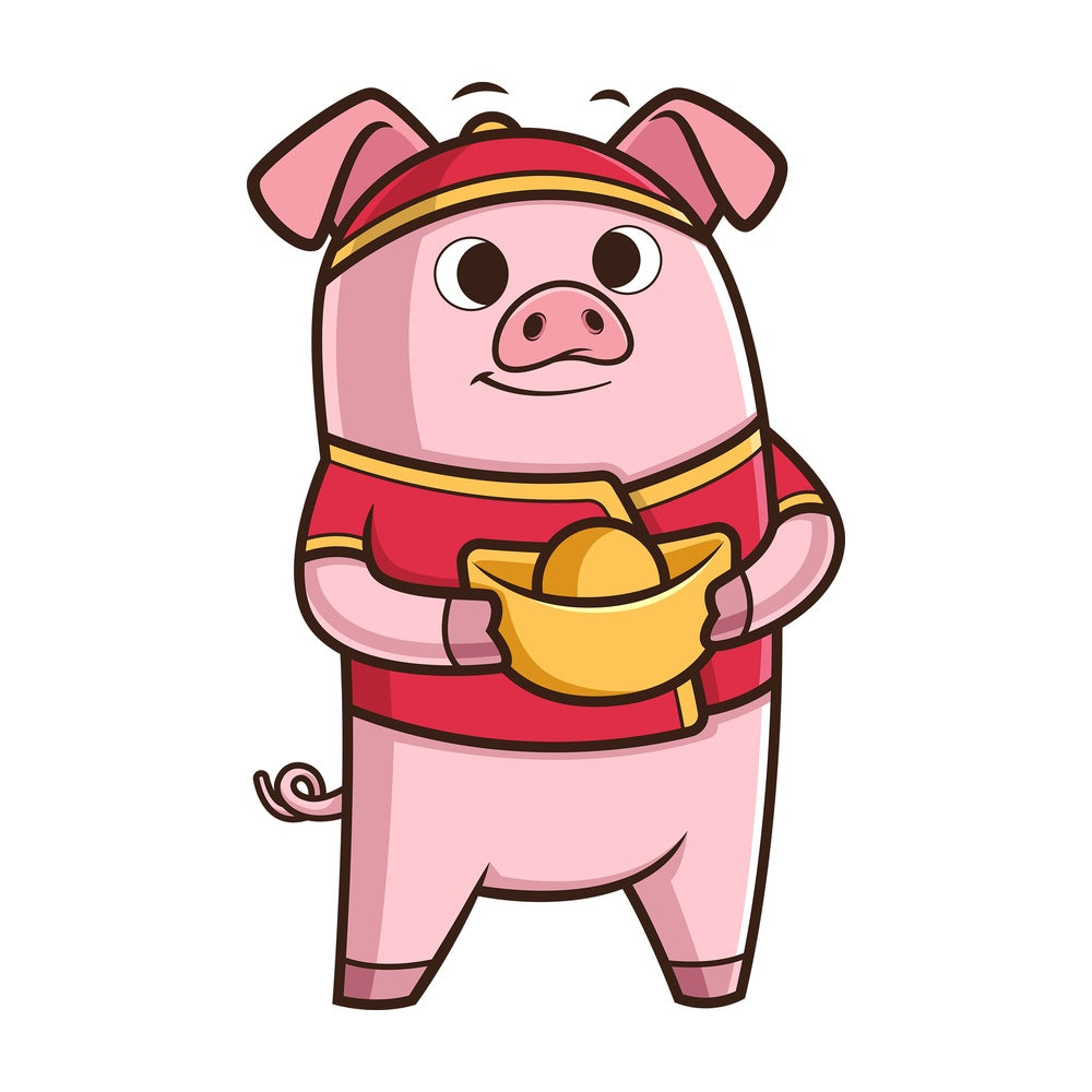 New year pig holding Chinese gold ignot. PNG - JPG and vector EPS (infinitely scalable).
