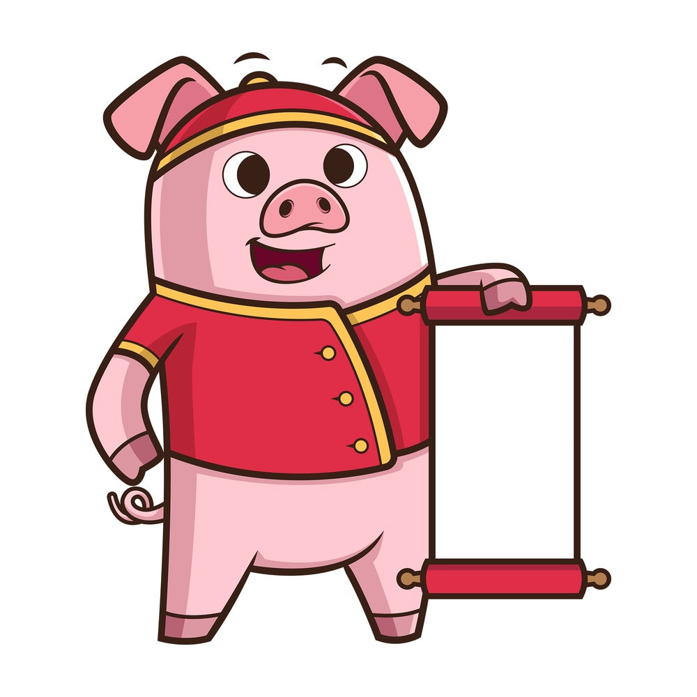 Chinese new year pig holding blank scroll. PNG - JPG and vector EPS (infinitely scalable).