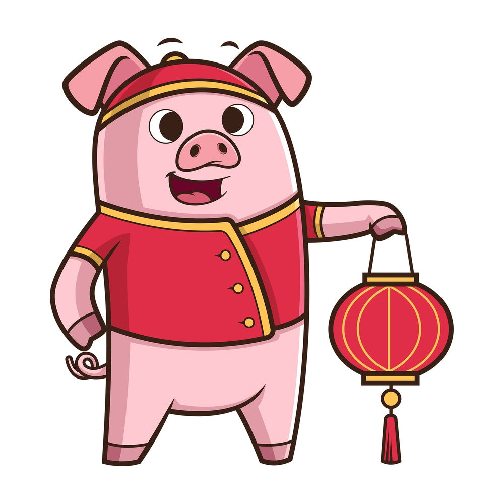 New year pig holding chinese lantern. PNG - JPG and vector EPS (infinitely scalable).