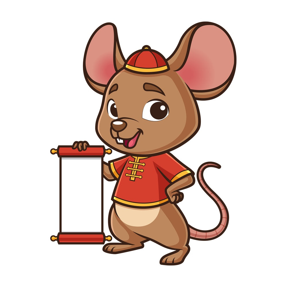 Chinese new year rat holding blank scroll. PNG - JPG and vector EPS (infinitely scalable).