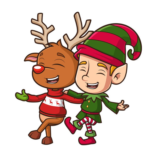 Reindeer dancing with christmas elf. PNG - JPG and vector EPS (infinitely scalable).
