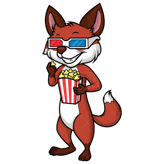 Royalty-free stock vector illustration of a fox with 3d glasses and popcorn.