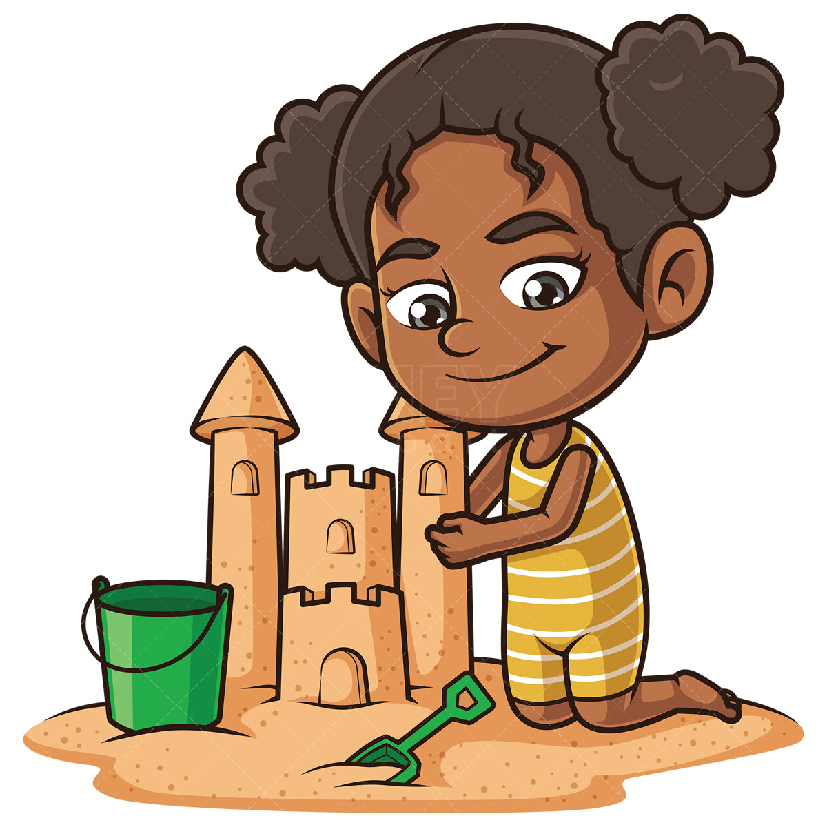 Royalty-free stock vector illustration of a african-american girl building sandcastle.