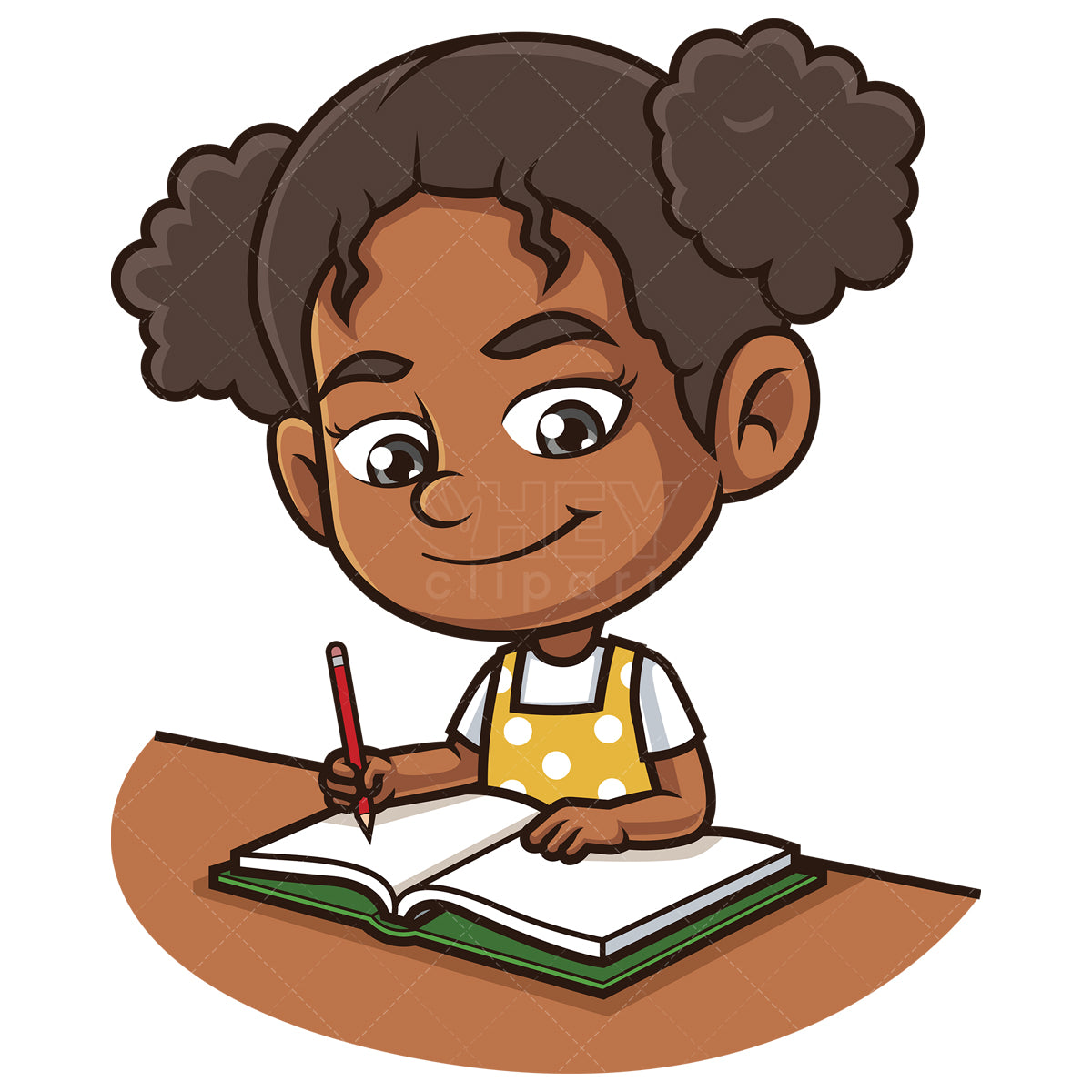 Royalty-free stock vector illustration of an african-american girl doing homework.