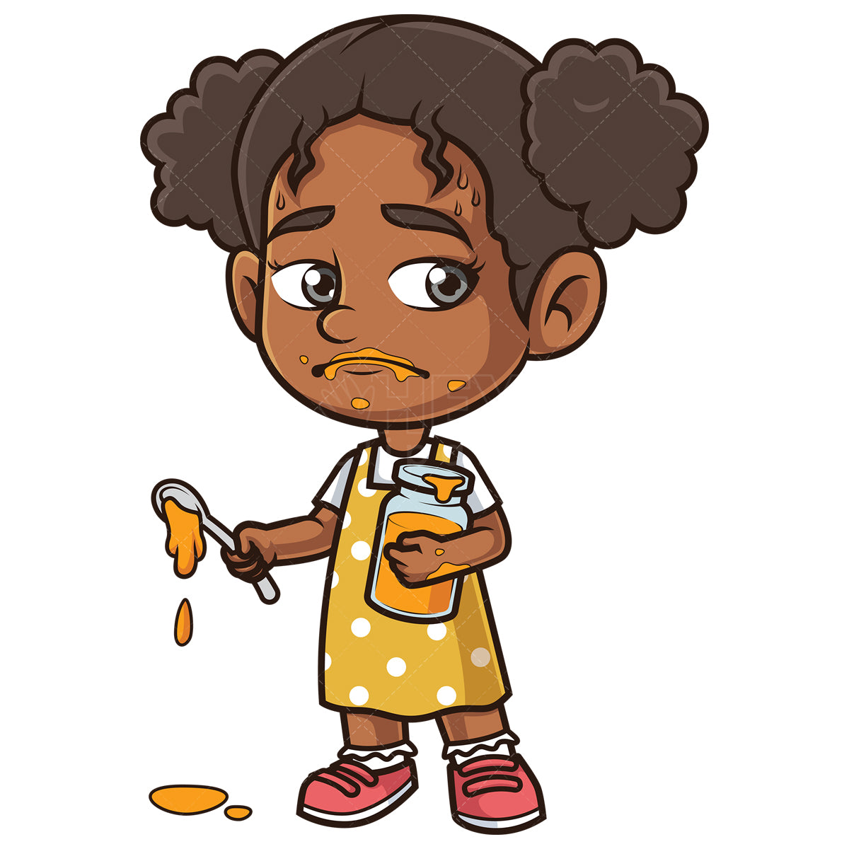 Royalty-free stock vector illustration of an african-american girl getting dirty eating jam.