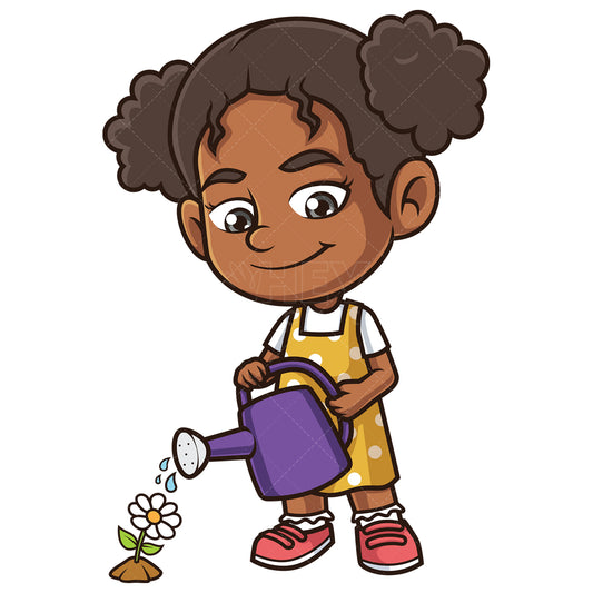 Royalty-free stock vector illustration of a african-american girl watering daisy flower.