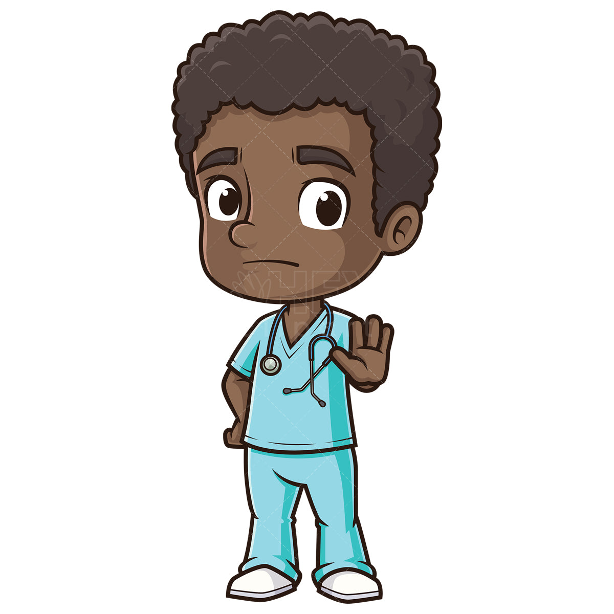 Royalty-free stock vector illustration of a african-american male nurse stop hand gesture.