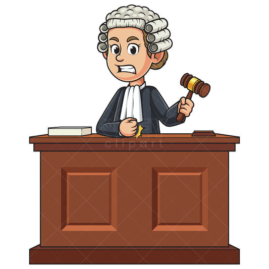 Royalty-free stock vector illustration of a angry female judge behind courtroom desk.