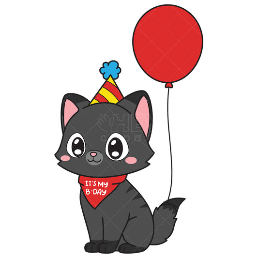 Royalty-free vector illustration of a birthday cat with red balloon.