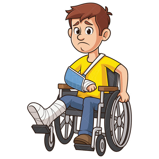 Royalty-free stock vector illustration of a caucasian injured man in wheelchair.