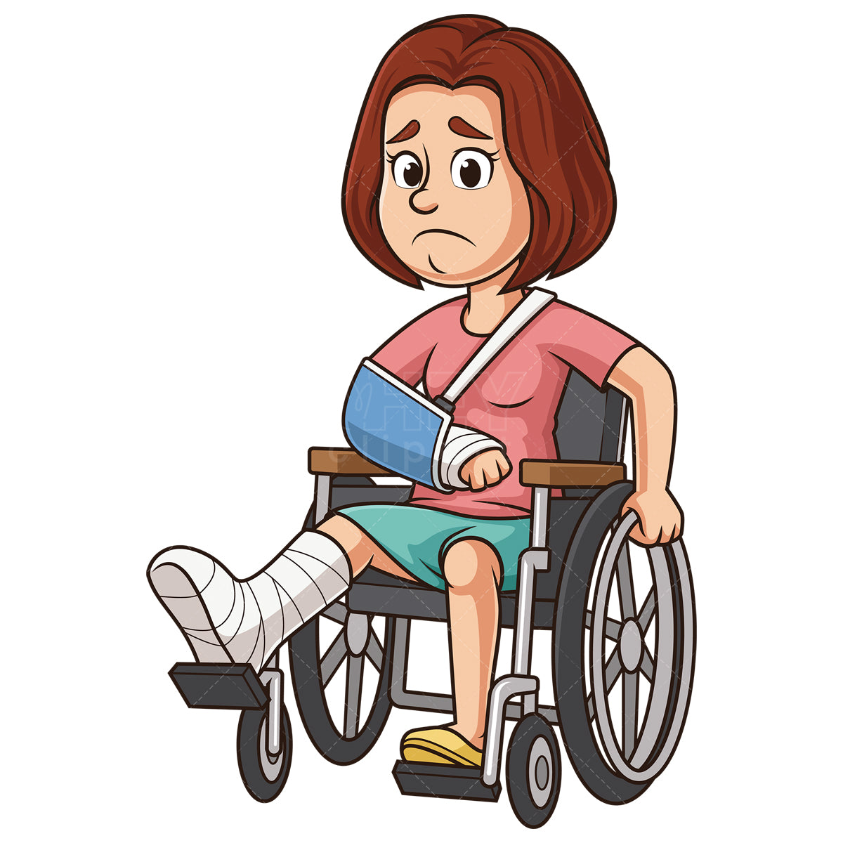 Royalty-free stock vector illustration of a caucasian injured woman in wheelchair.